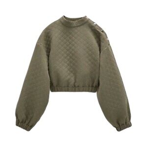 Zara Olive Green Quilted Cropped Jacket Military Inspired Cropped Top Modern